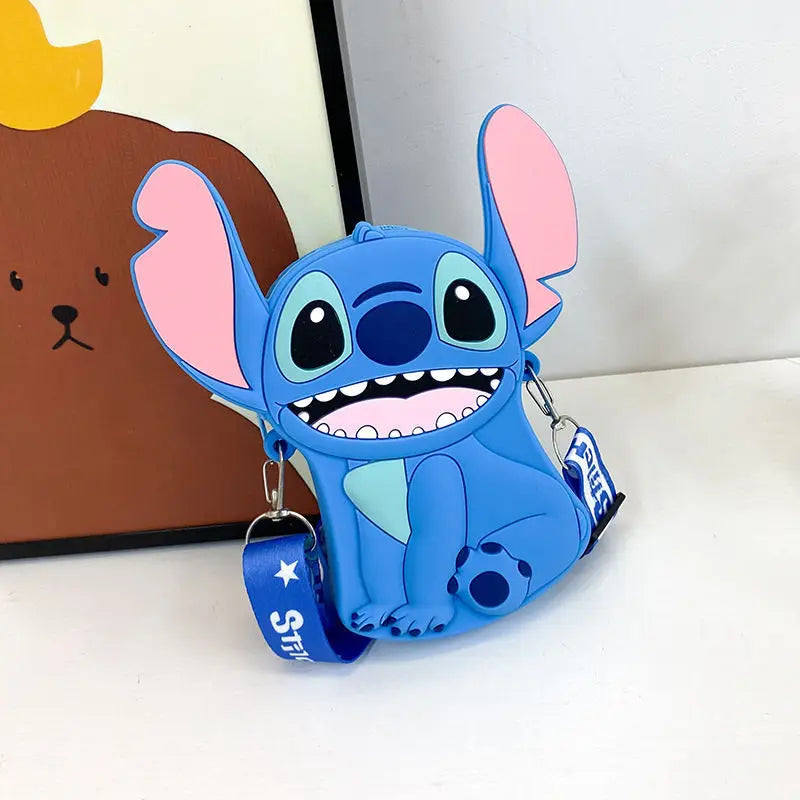 2025 new Shi Stitch cute boys and girls silicone coin purse go out cartoon small shoulder bag creative children storage bag.