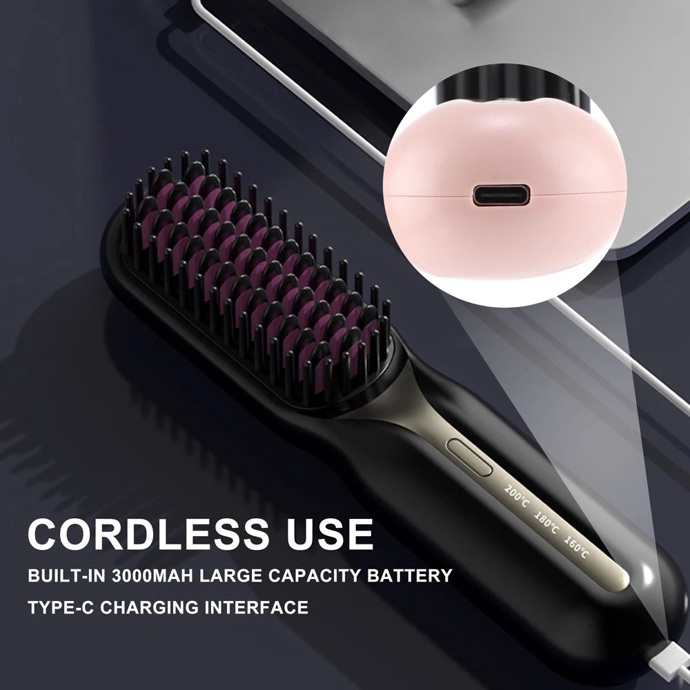 NEW Electric Ceramic Heating Straight Hair Comb Wireless Portable Negative Ion Styling Tool Rechargeable USB Straightening Brush
