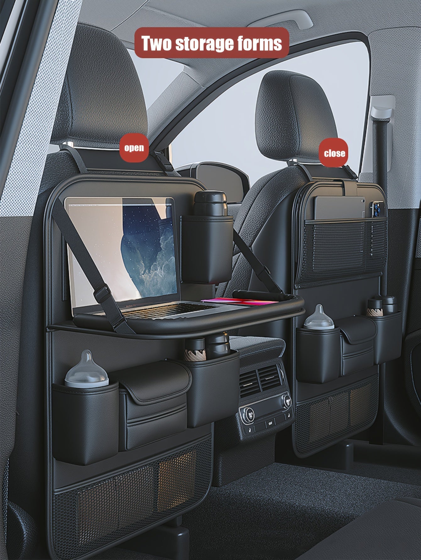 1pc Deluxe Car Backseat Organizer with Foldable Table Tray - Premium PU Leather Seat Back Storage Bag, Multi-Pocket Travel Accessories for Toys, Snacks, and Travel Necessities - Universal Fit, Easy Installation, and Spacious