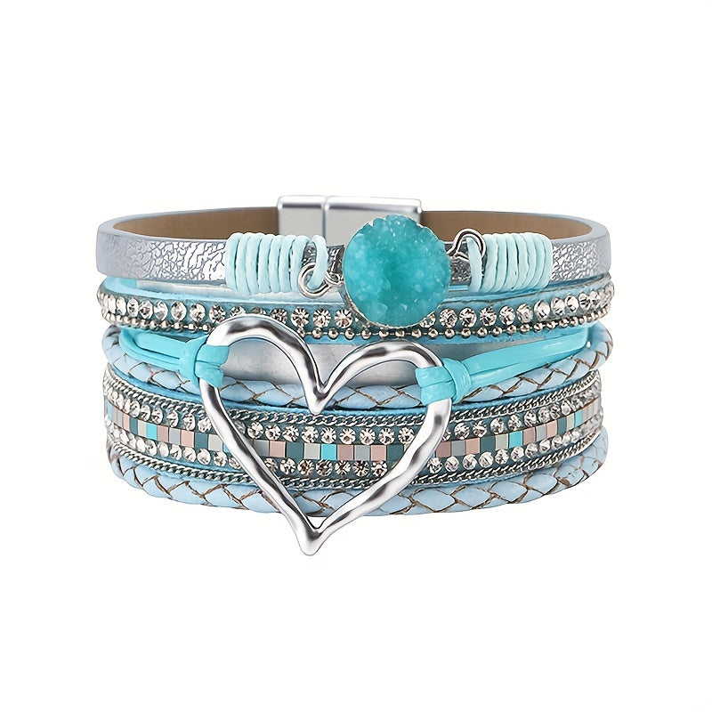 Women's Bohemian Style PU Leather Bracelet - Multi-Layer Black Braided Design with Crystal Accents, Golden-Tone Heart Pendant | Elegant Magnetic Clasp | Perfect for Daily Occasion