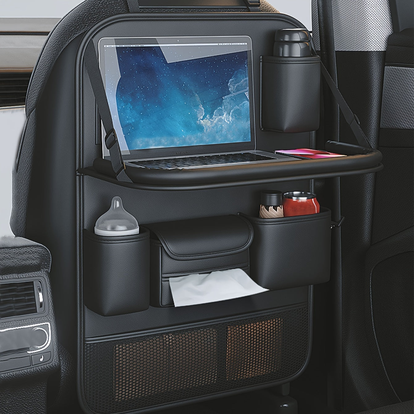 1pc Deluxe Car Backseat Organizer with Foldable Table Tray - Premium PU Leather Seat Back Storage Bag, Multi-Pocket Travel Accessories for Toys, Snacks, and Travel Necessities - Universal Fit, Easy Installation, and Spacious