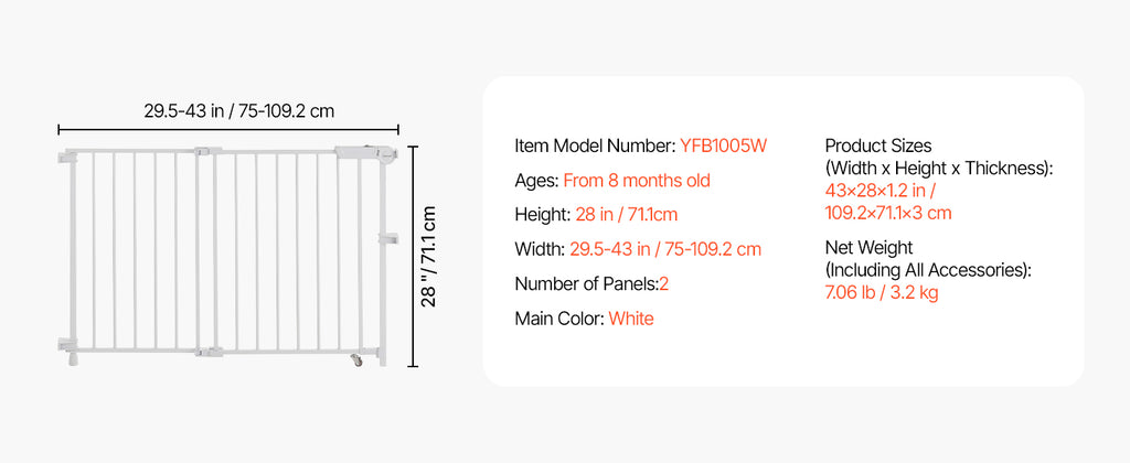 SucceBuy Baby Gate 29.5-43 Inches Adjustable Width 28 Inches High Dog Gate No Threshold Bar Easy Step Walk Child Pet Security