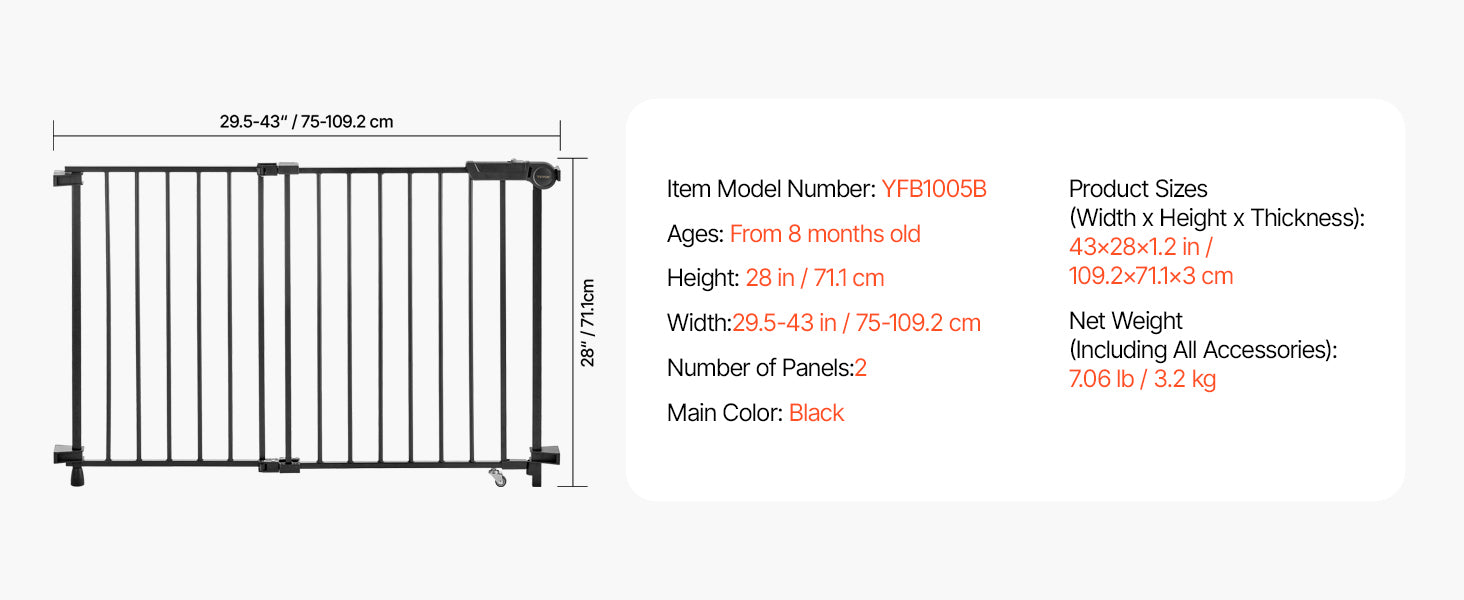 SucceBuy Baby Gate 29.5-43 Inches Adjustable Width 28 Inches High Dog Gate No Threshold Bar Easy Step Walk Child Pet Security