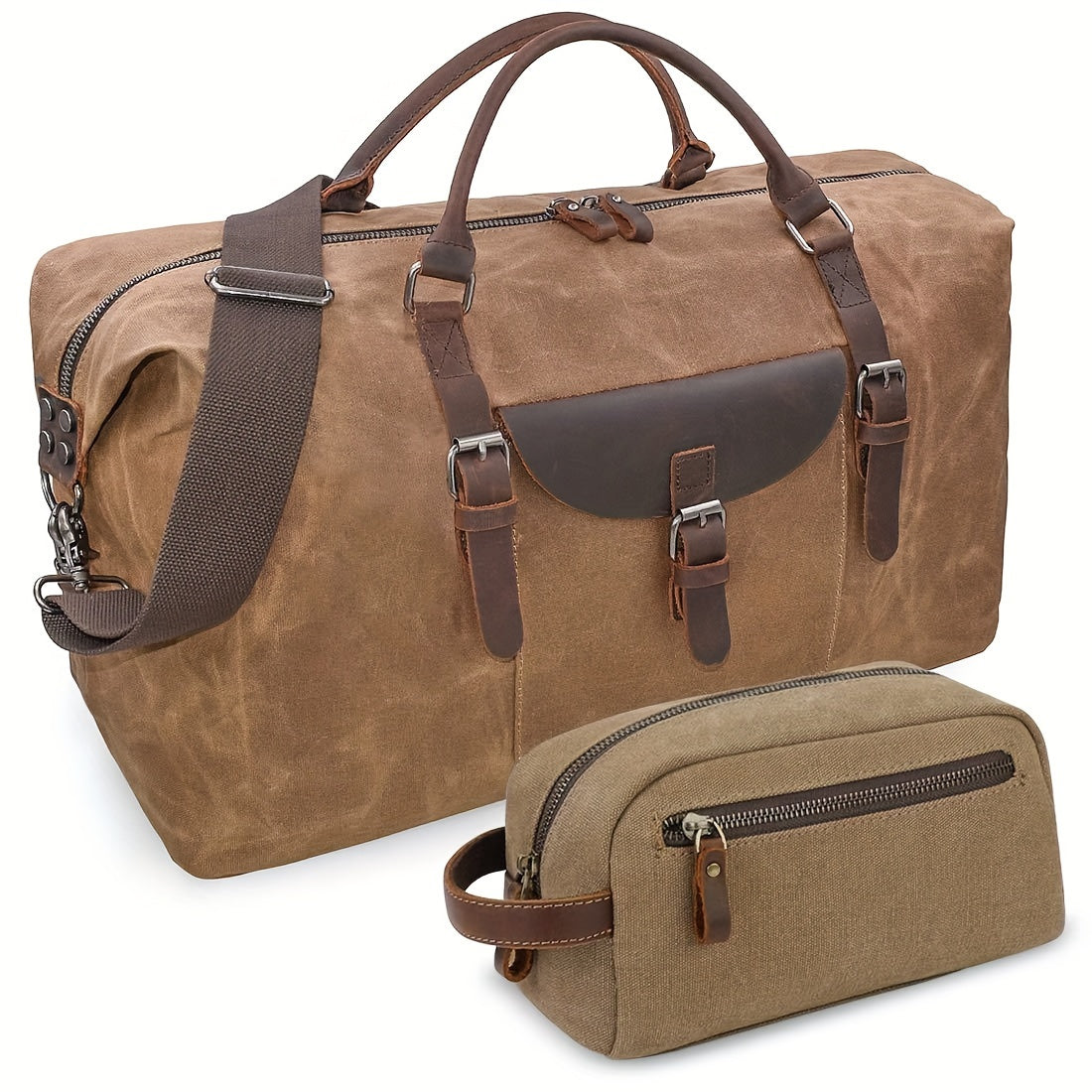 NEWHEY Waterproof Oversized Travel Duffel Bag - Canvas Weekender Leather Overnight Hand Bag With Toiletry Bag