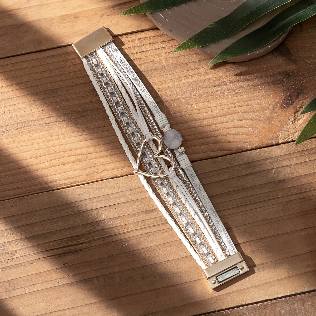 Women's Bohemian Style PU Leather Bracelet - Multi-Layer Black Braided Design with Crystal Accents, Golden-Tone Heart Pendant | Elegant Magnetic Clasp | Perfect for Daily Occasion