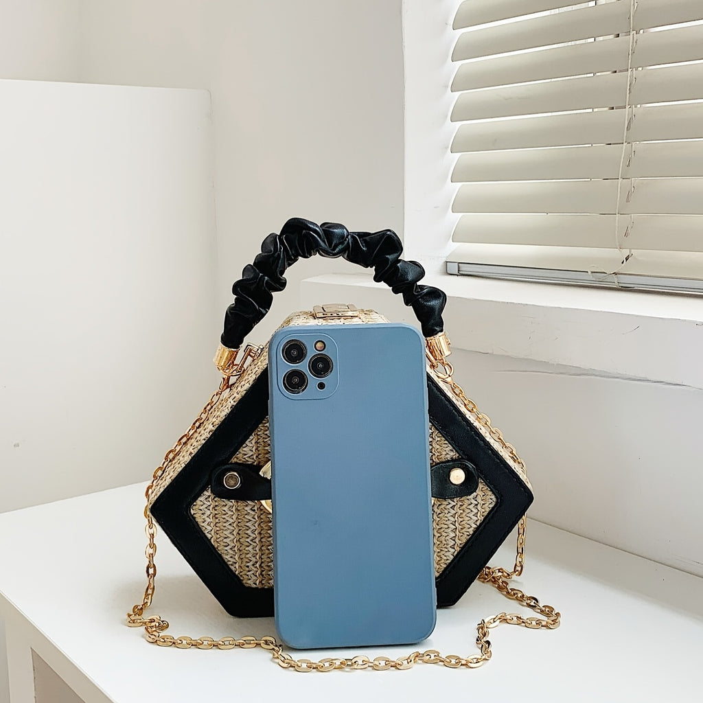 Trendy Chain Handbag, Fashion Top Handle Straw Box Bag, Women's Vacation Style Purse