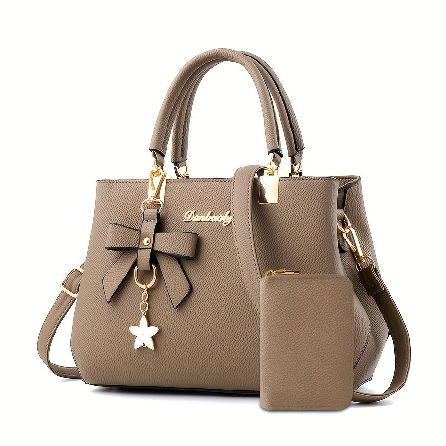 Chic Bow Decor Handbag for Women - Versatile Top Handle Satchel with Coin Purse, Adjustable Strap, And Zip Closure - Available in Khaki, Dark Pink, Light, - Synthetic Material with Acrylic Lining, Cute Handbag