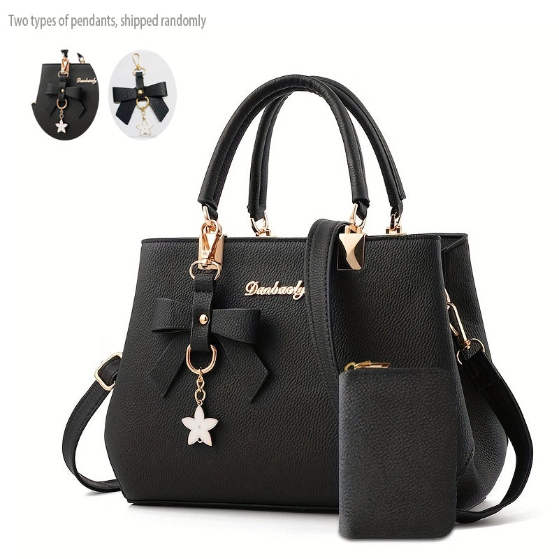 Chic Bow Decor Handbag for Women - Versatile Top Handle Satchel with Coin Purse, Adjustable Strap, And Zip Closure - Available in Khaki, Dark Pink, Light, - Synthetic Material with Acrylic Lining, Cute Handbag