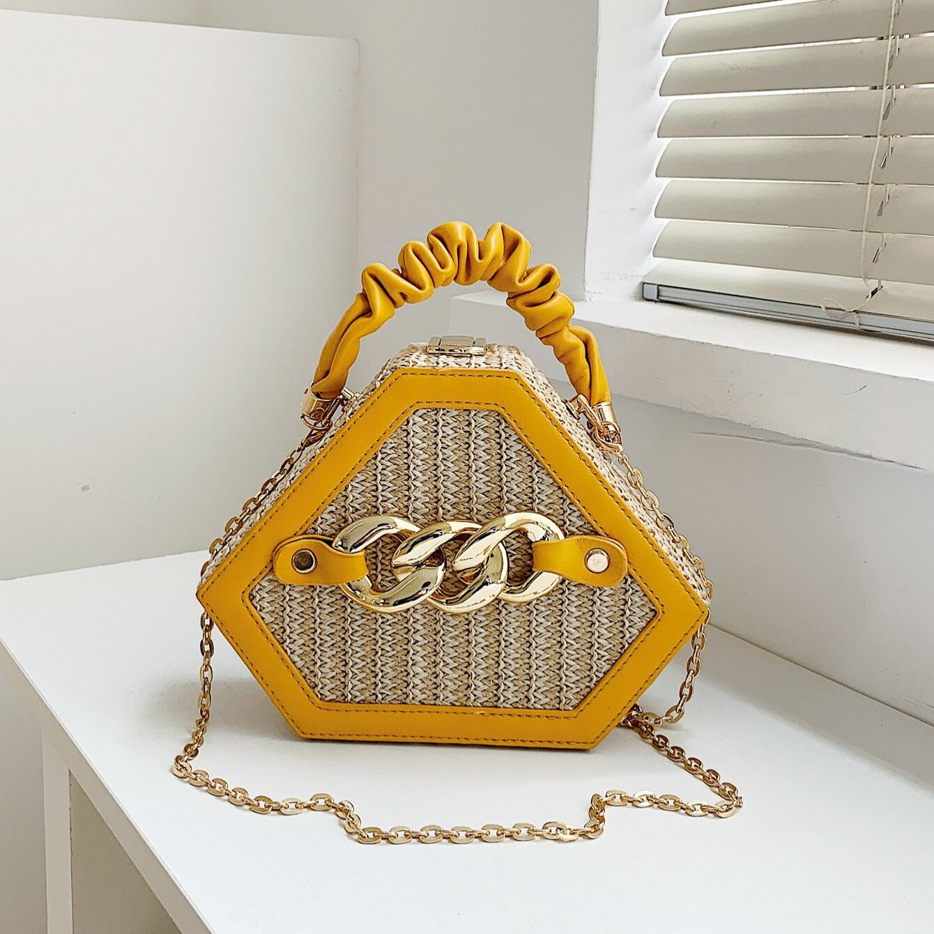 Trendy Chain Handbag, Fashion Top Handle Straw Box Bag, Women's Vacation Style Purse