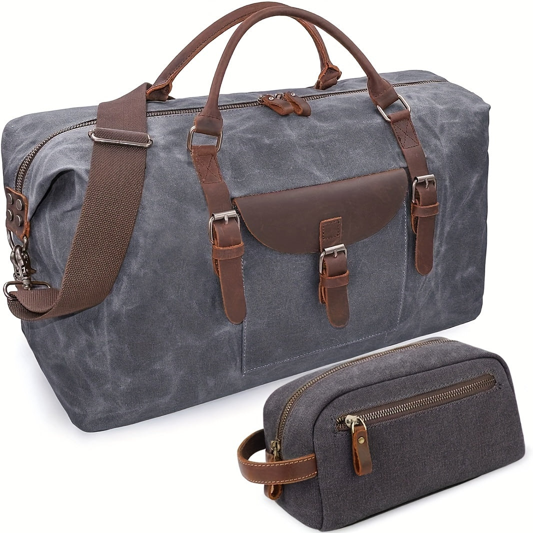 NEWHEY Waterproof Oversized Travel Duffel Bag - Canvas Weekender Leather Overnight Hand Bag With Toiletry Bag