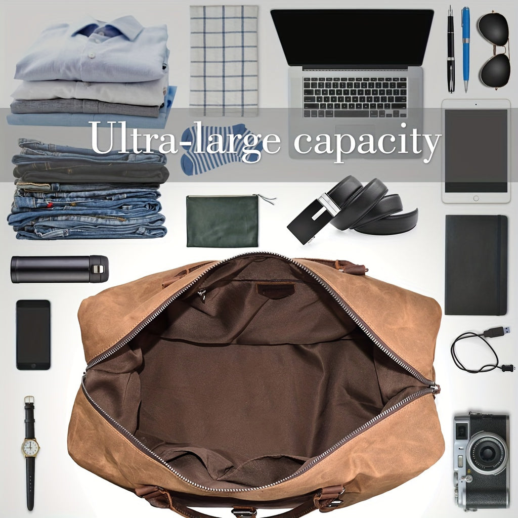 NEWHEY Waterproof Oversized Travel Duffel Bag - Canvas Weekender Leather Overnight Hand Bag With Toiletry Bag