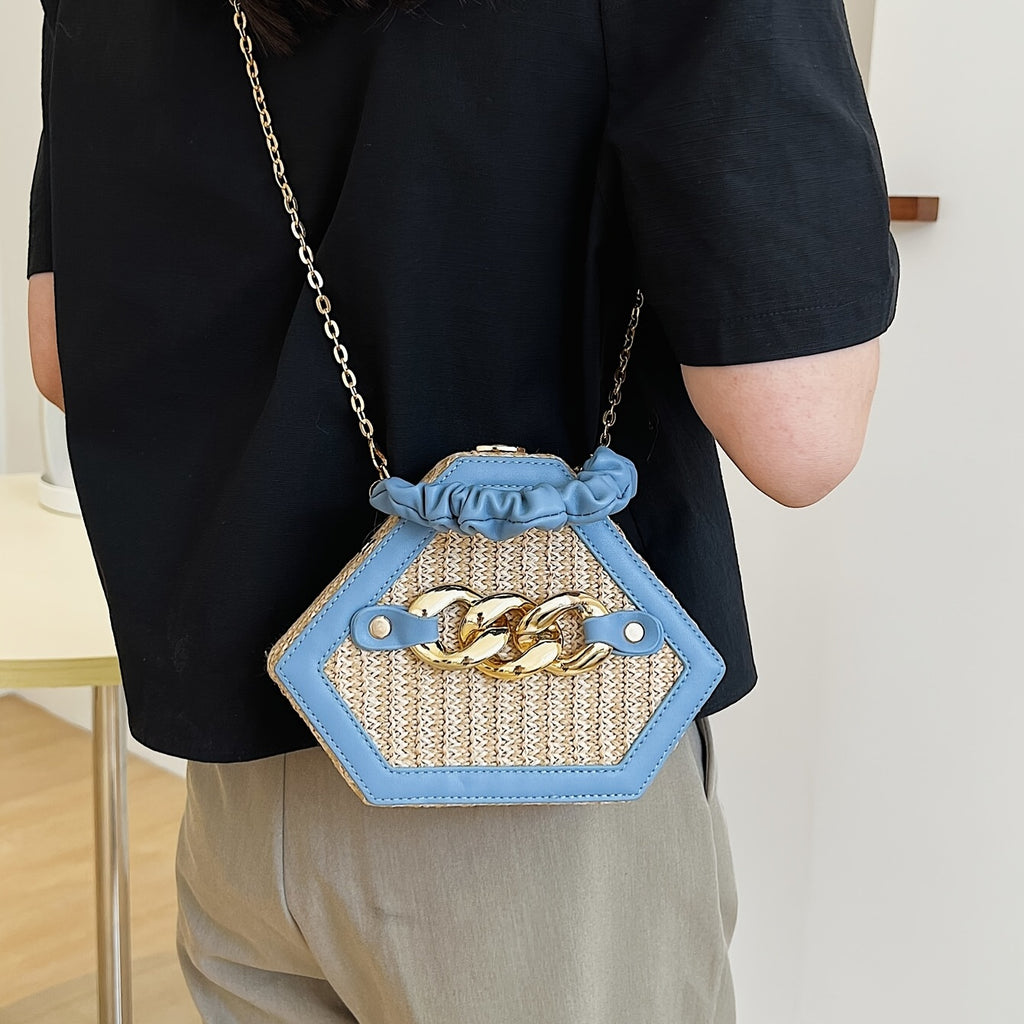 Trendy Chain Handbag, Fashion Top Handle Straw Box Bag, Women's Vacation Style Purse