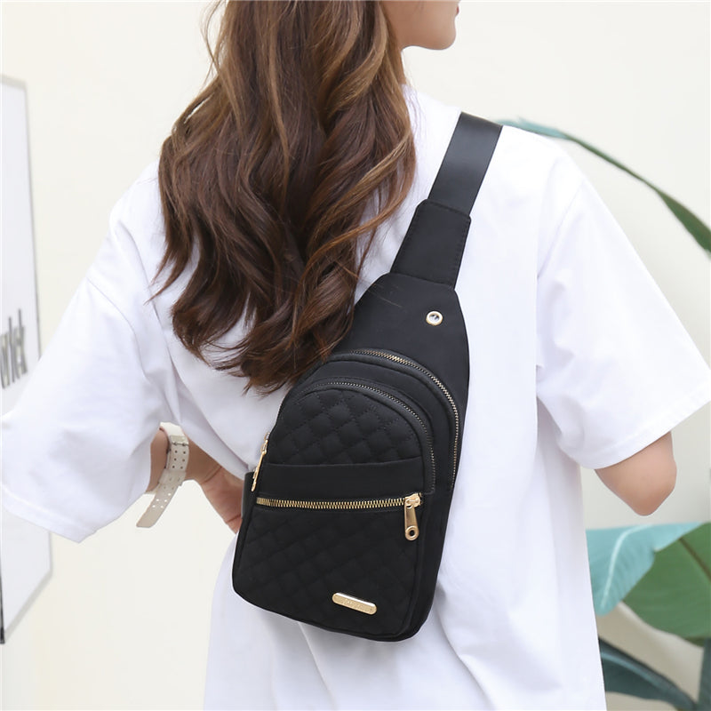 Large Capacity Chest Bag for Women - Adjustable Embroidered Crossbody Bag with Zipper Closure, Polyester Lining, Foldable, and Random Printing - Urban Solid Color Nylon Bag with Comfortable Strap