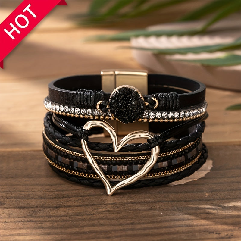 Women's Bohemian Style PU Leather Bracelet - Multi-Layer Black Braided Design with Crystal Accents, Golden-Tone Heart Pendant | Elegant Magnetic Clasp | Perfect for Daily Occasion