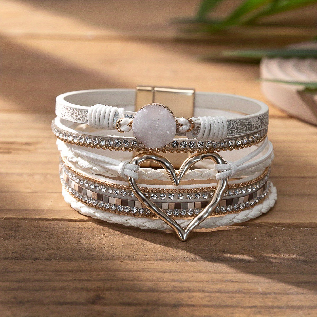 Women's Bohemian Style PU Leather Bracelet - Multi-Layer Black Braided Design with Crystal Accents, Golden-Tone Heart Pendant | Elegant Magnetic Clasp | Perfect for Daily Occasion